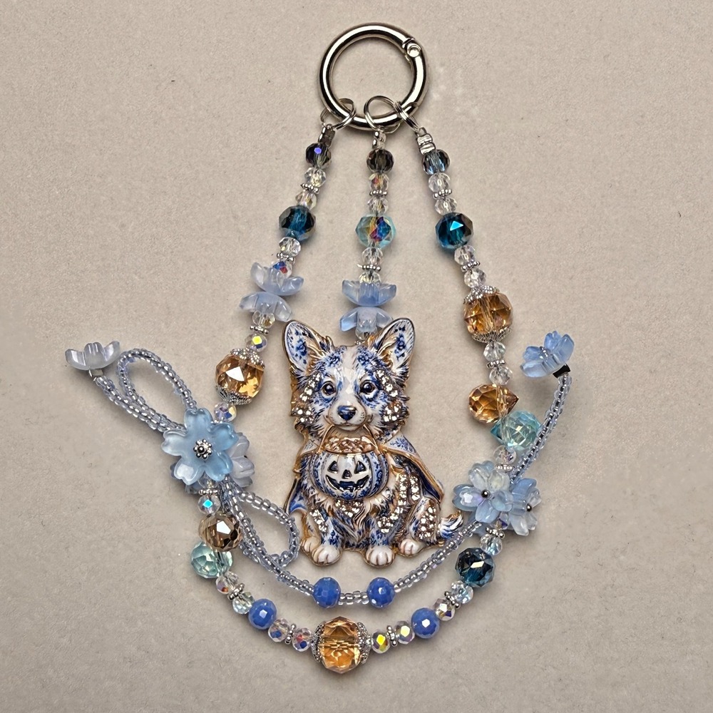 Corgi Dog Pumpkin Phone Wristlet Blue Beaded Halloween Bag Keychain Handmade